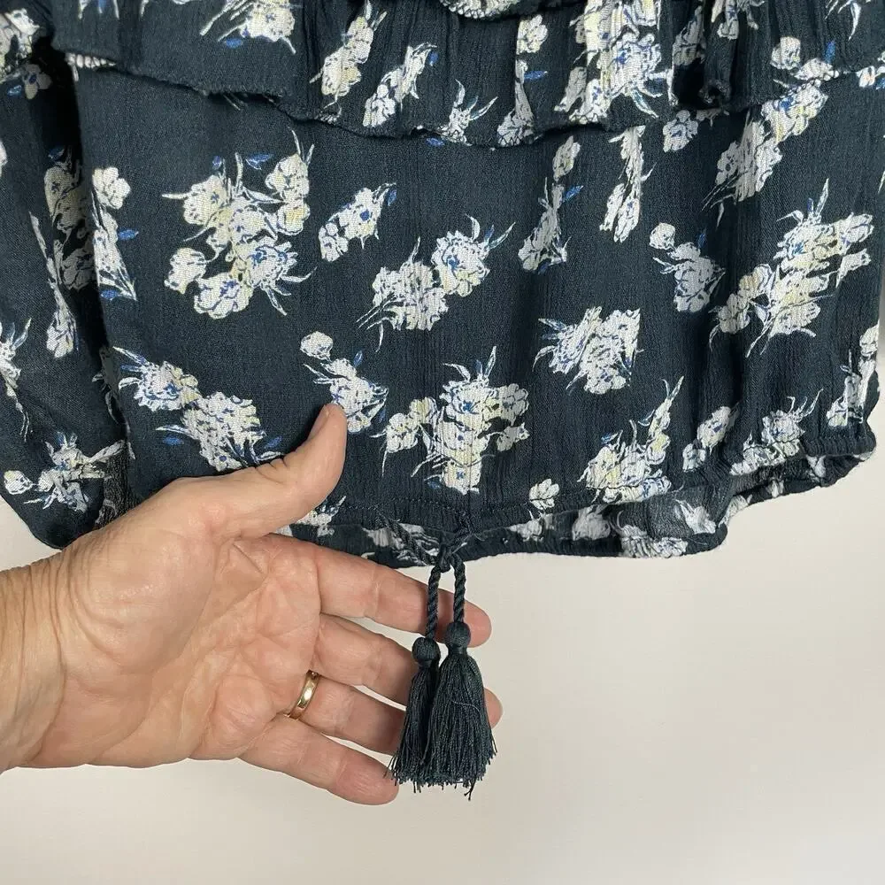 Denim & Supply Ralph Lauren RL Boho Top Womens Sz XS Navy Floral Peasant Tassels